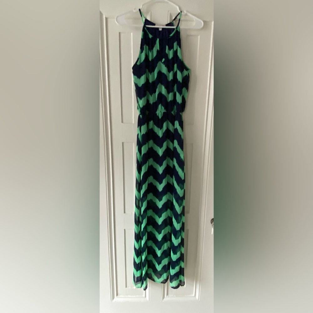 Green and Navy Blue Chevron Maxi Dress